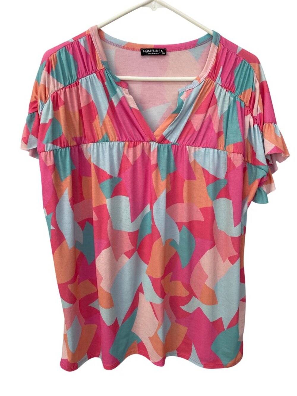 Heimish USA Top Medium Abstract Print Ruffled Sleeve V-Neck Blouse Multicolor